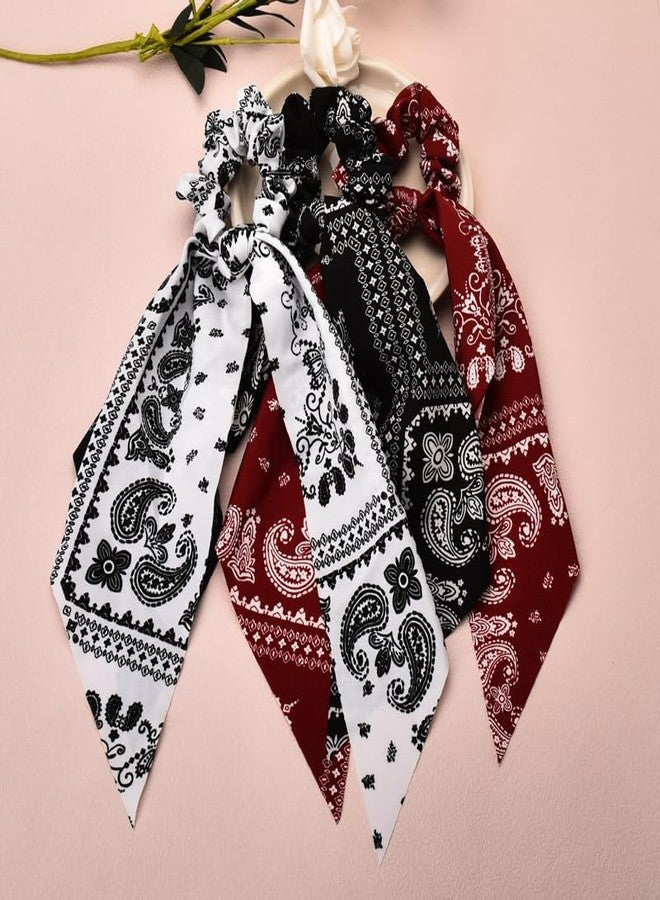 Guqqeuc 3 PCS Paisley Hair Scarf Scrunchies with Ribbon Tails for Women Girls Hair Bows Scrunchy Hair Scarves Ties for Teen Girls Knotted Bow Hair Elastics Chiffon Ponytail Holder for Women - Image 3