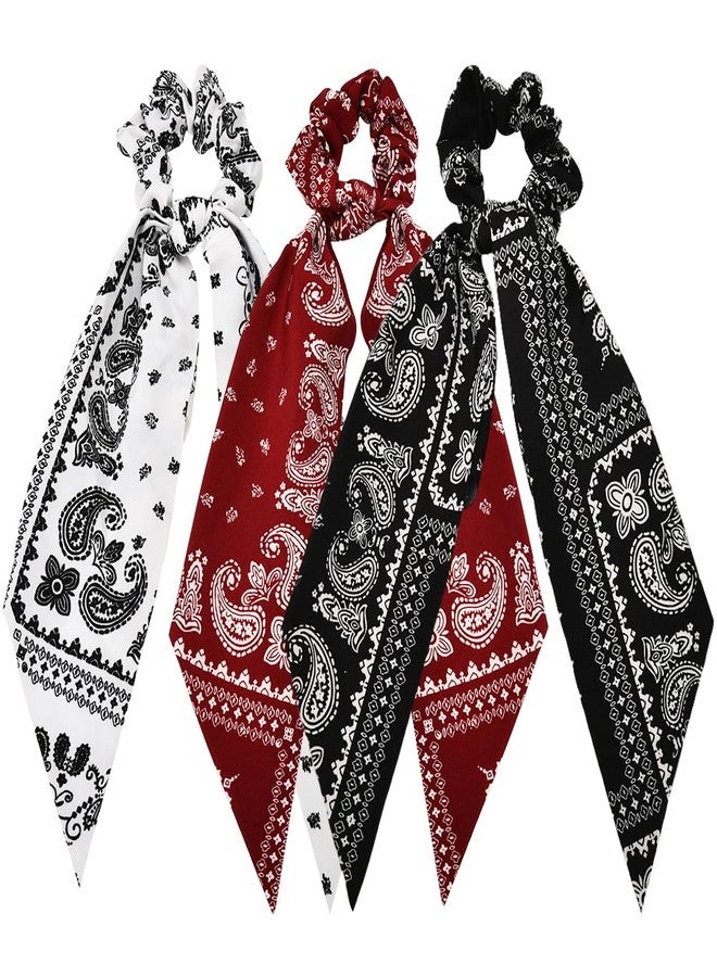 Guqqeuc 3 PCS Paisley Hair Scarf Scrunchies with Ribbon Tails for Women Girls Hair Bows Scrunchy Hair Scarves Ties for Teen Girls Knotted Bow Hair Elastics Chiffon Ponytail Holder for Women - Image 1