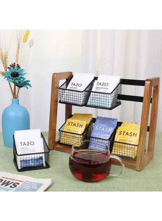 HTB HTB 2 Tier Tea Organizer for Tea Bags, Tea Bag Holder with Acacia Wood Stand and 6 Removable Metal Basket for Sugar Packets, Sweeteners, Creamers for Cabinet, Countertop or Wall-mounted  - Image 2