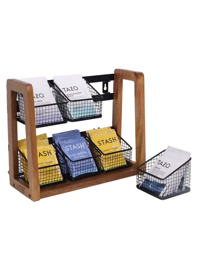 HTB HTB 2 Tier Tea Organizer for Tea Bags, Tea Bag Holder with Acacia Wood Stand and 6 Removable Metal Basket for Sugar Packets, Sweeteners, Creamers for Cabinet, Countertop or Wall-mounted  - Image 1