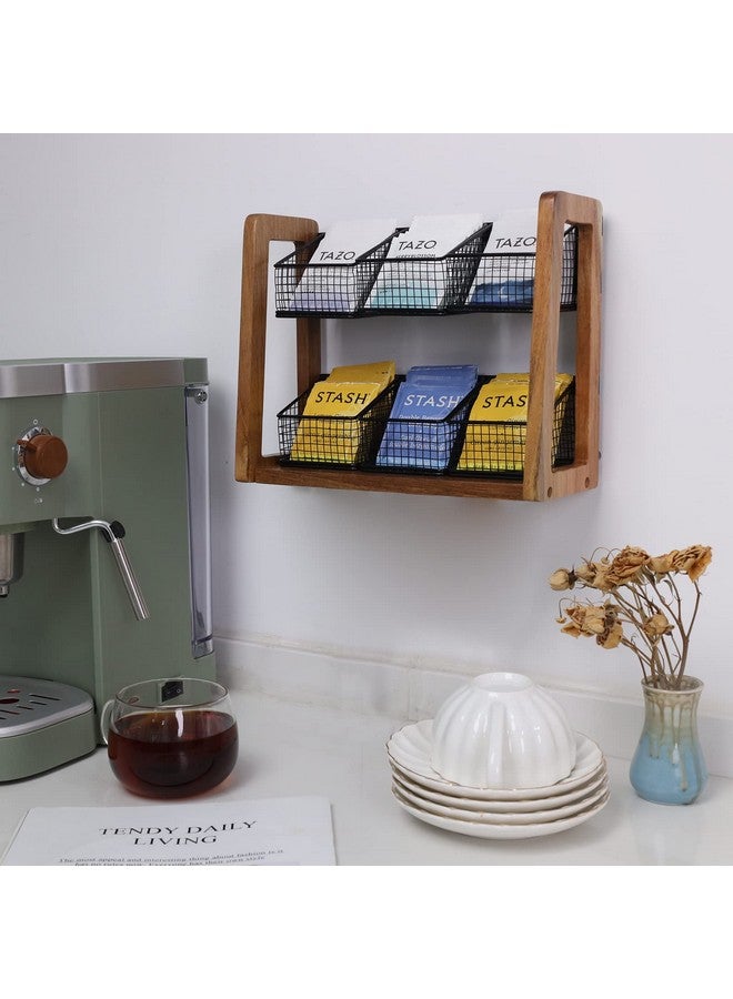HTB HTB 2 Tier Tea Organizer for Tea Bags, Tea Bag Holder with Acacia Wood Stand and 6 Removable Metal Basket for Sugar Packets, Sweeteners, Creamers for Cabinet, Countertop or Wall-mounted  - Image 4