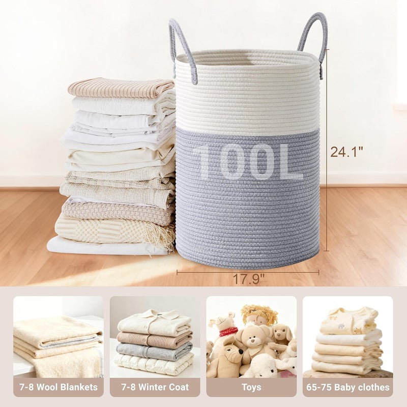 SunNewt Tall Laundry Basket with Handles, 100L Portable Dirty Clothes Hamper, Boho Cotton Rope Storage Bin for Blankets Kids Toys Gifts, Extra Large Organizer for Baby Nursery Bedroom Bathroom, Grey - Image 2