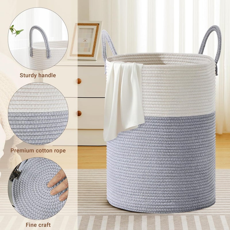 SunNewt Tall Laundry Basket with Handles, 100L Portable Dirty Clothes Hamper, Boho Cotton Rope Storage Bin for Blankets Kids Toys Gifts, Extra Large Organizer for Baby Nursery Bedroom Bathroom, Grey - Image 3