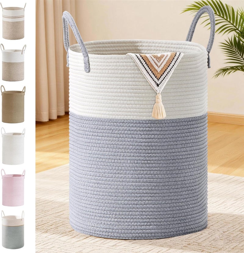 SunNewt Tall Laundry Basket with Handles, 100L Portable Dirty Clothes Hamper, Boho Cotton Rope Storage Bin for Blankets Kids Toys Gifts, Extra Large Organizer for Baby Nursery Bedroom Bathroom, Grey - Image 1
