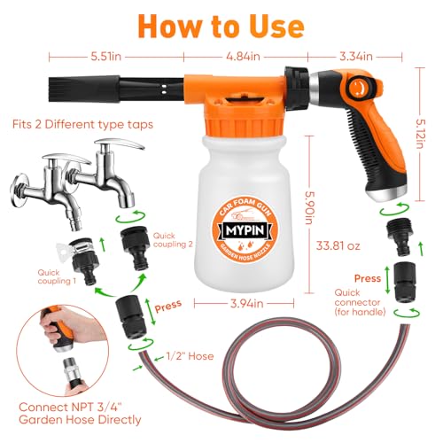 Mypin 16 IN 1 Car Wash Foam Gun, Foam Cannon,Adjustable Hose Wash Sprayer with 2.5 to 6 Bars Foam Blaster,Wash Mitten &Towel,Suitable for Car Cleaning and Garden Use with 1/2” Quick Connector - Image 3