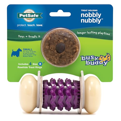 PetSafe Busy Buddy Nobbly Nubbly Treat Holding Dog Toy Boredom Relief for Strong Chewers Durable Nylon Build Dishwasher Safe Design Includes Treat Rings Engaging Pet Puzzle Purple Small - Image 1
