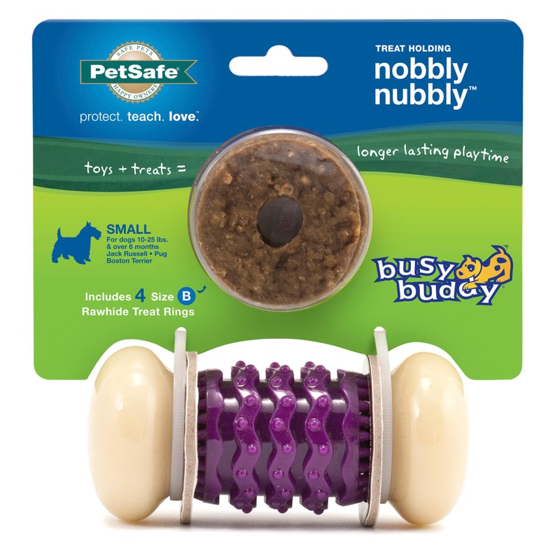 PetSafe Busy Buddy Nobbly Nubbly Treat Holding Dog Toy Boredom Relief for Strong Chewers Durable Nylon Build Dishwasher Safe Design Includes Treat Rings Engaging Pet Puzzle Purple Small - Image 2