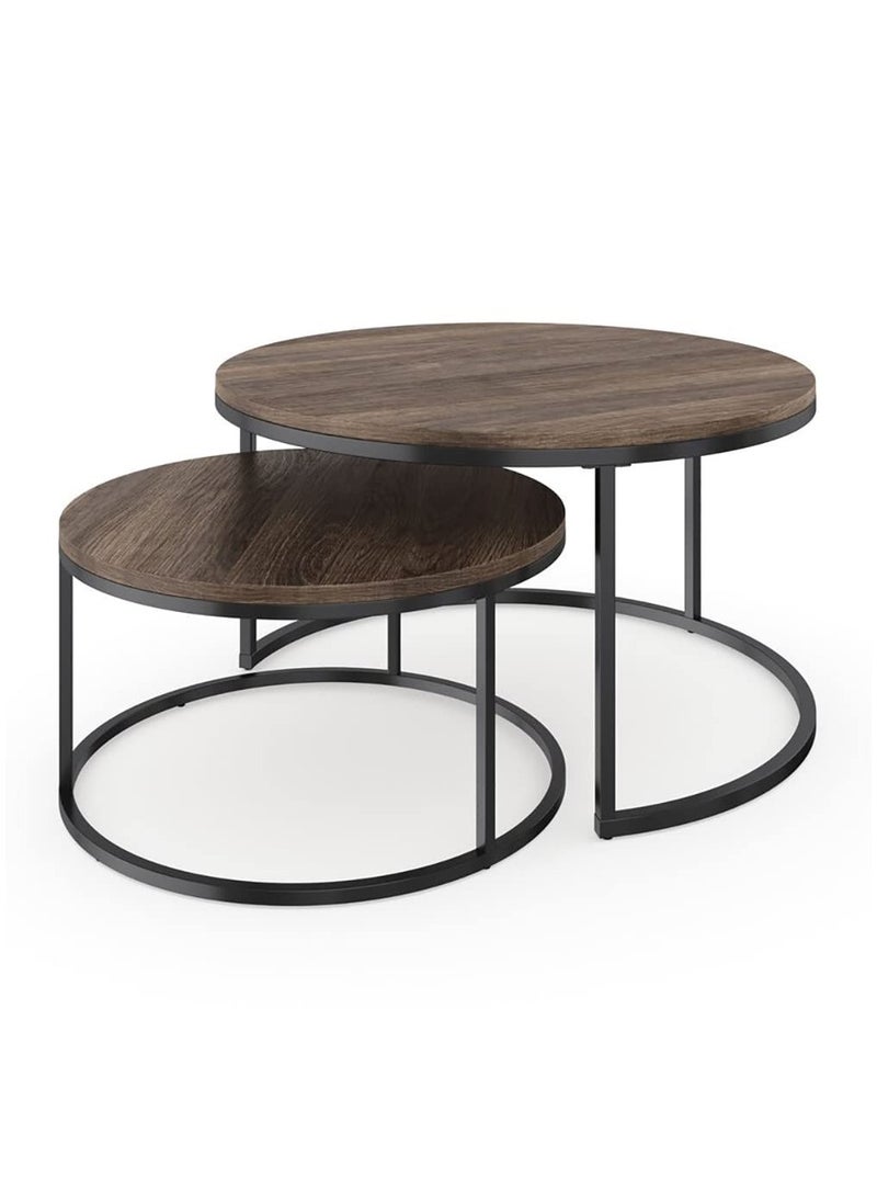 SKY-TOUCH REAL WOOD Round Coffee Table Set of 2 Side Tables Stacking Side Tables with Solid Wood Grain Table and Metal Frame for Living Room Strong and Simple to assemble Rustic Brown and Black Walnut  - Image 1