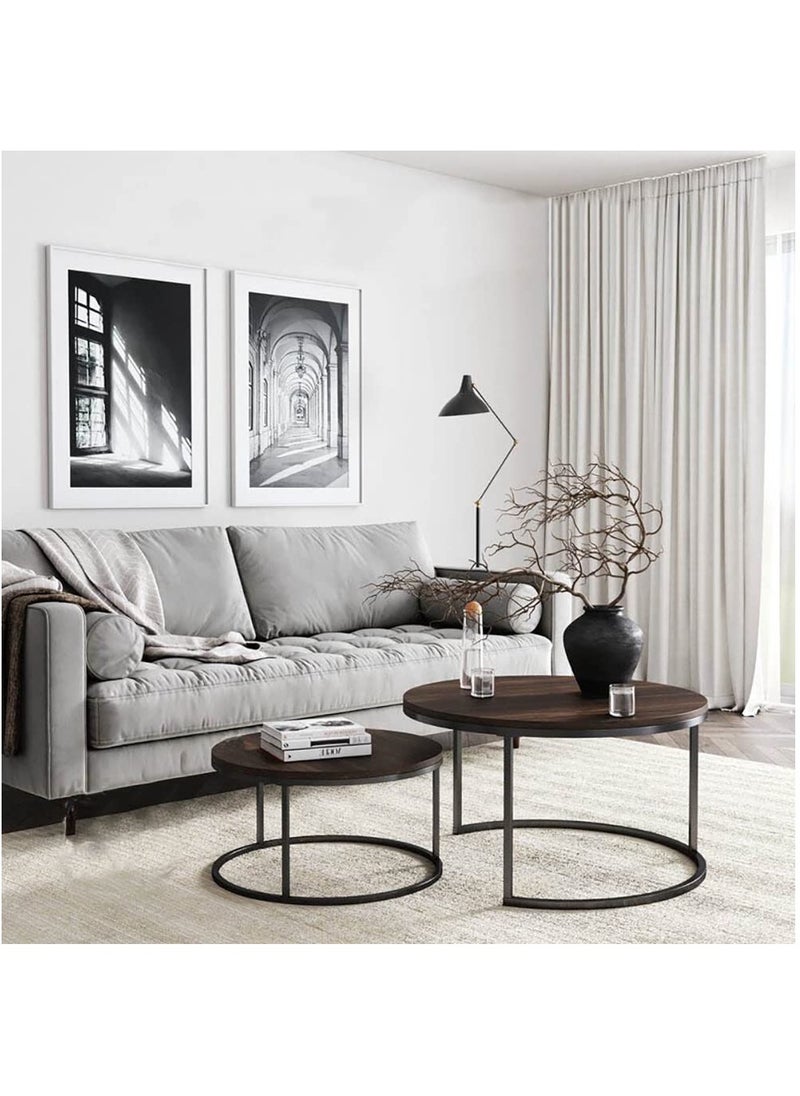 SKY-TOUCH REAL WOOD Round Coffee Table Set of 2 Side Tables Stacking Side Tables with Solid Wood Grain Table and Metal Frame for Living Room Strong and Simple to assemble Rustic Brown and Black Walnut  - Image 2