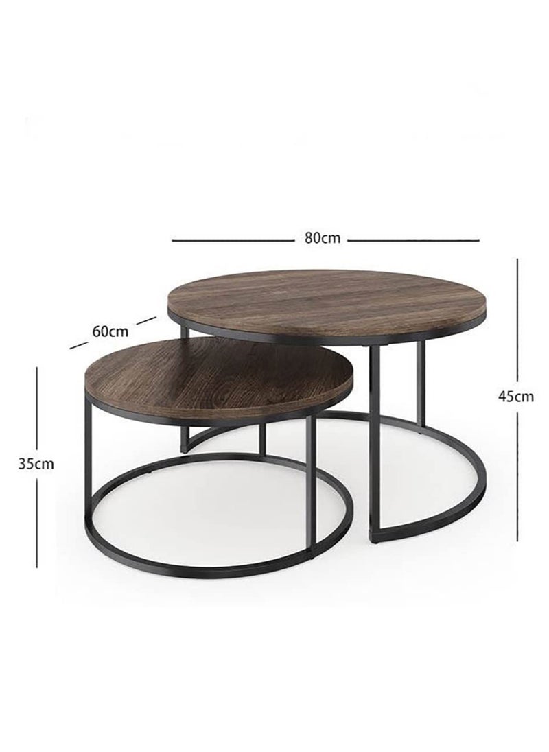 SKY-TOUCH REAL WOOD Round Coffee Table Set of 2 Side Tables Stacking Side Tables with Solid Wood Grain Table and Metal Frame for Living Room Strong and Simple to assemble Rustic Brown and Black Walnut  - Image 3