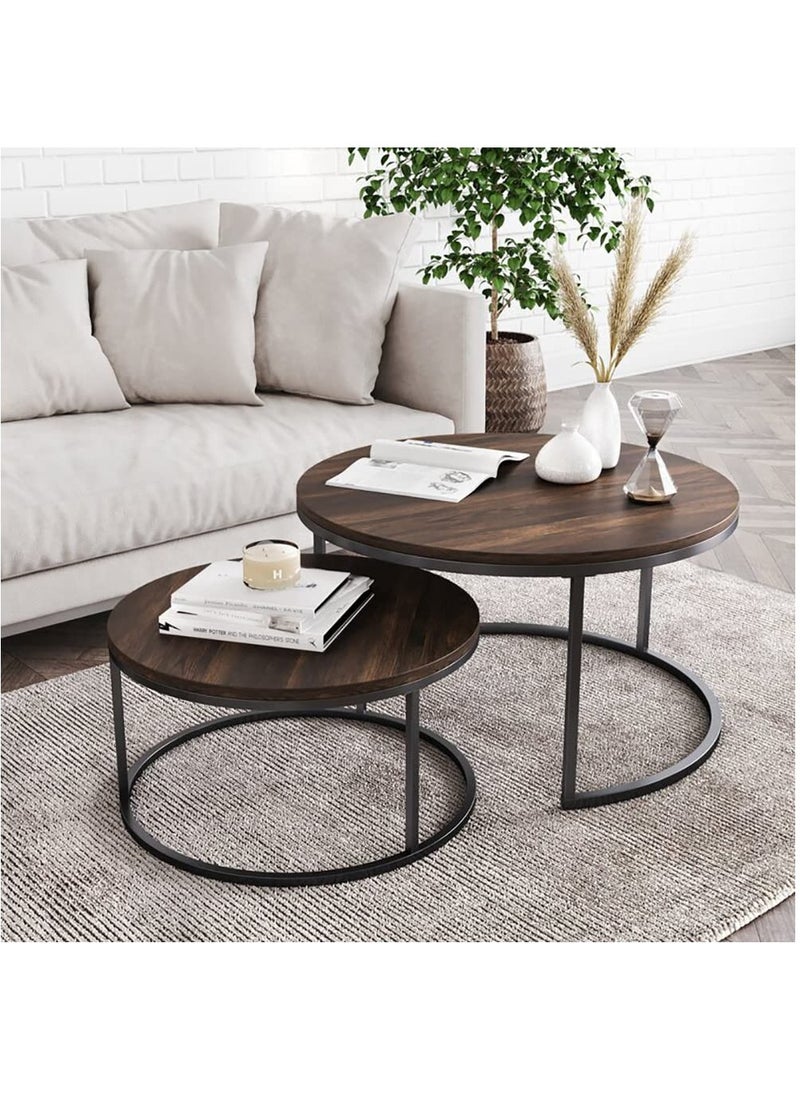 SKY-TOUCH REAL WOOD Round Coffee Table Set of 2 Side Tables Stacking Side Tables with Solid Wood Grain Table and Metal Frame for Living Room Strong and Simple to assemble Rustic Brown and Black Walnut  - Image 4