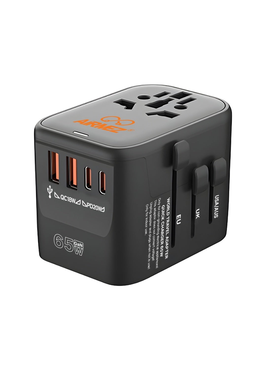 Universal Travel Adapter 65W Fast Charger | 2 USB-C + 2 USB-A Ports | PD & QC Charging | US/EU/UK/AU Plug Compatible | Compact Multi-Voltage International Adapter