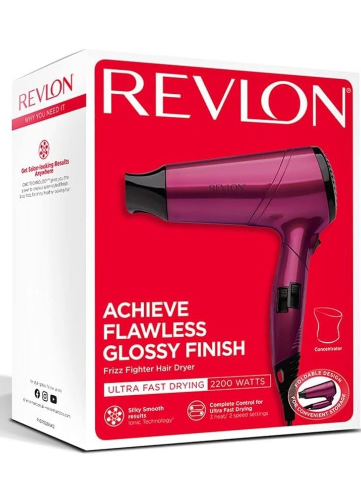 Revlon Frizz Fighter Hair Dryer, 2200 Watts, 2 speed and 3 heat setting, folding handle. Cool shot button. Pink 22.5 x 10 x 27cm - Image 4