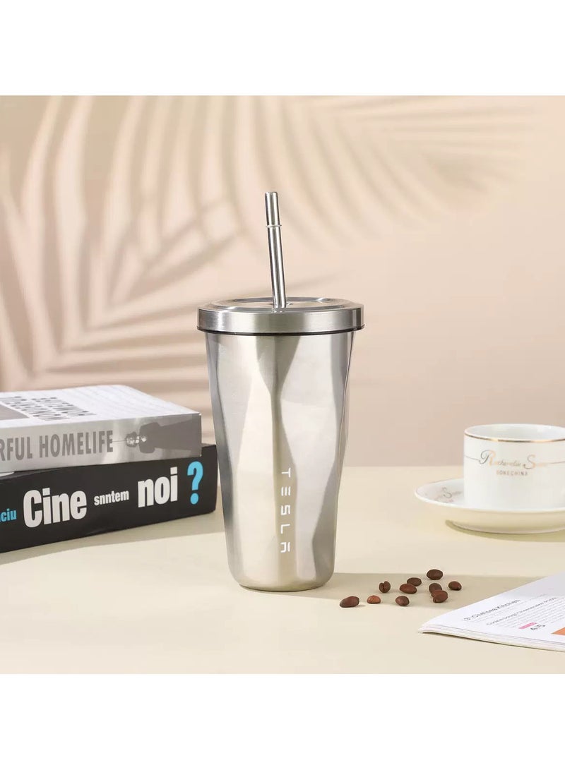 Tesla-Style 500ml Stainless Steel Straw Tumbler with 304 Inner Lining | Car Cup, Outdoor & Business Use | Trendy Straight-Sided Cup | Holiday Gift - Image 1