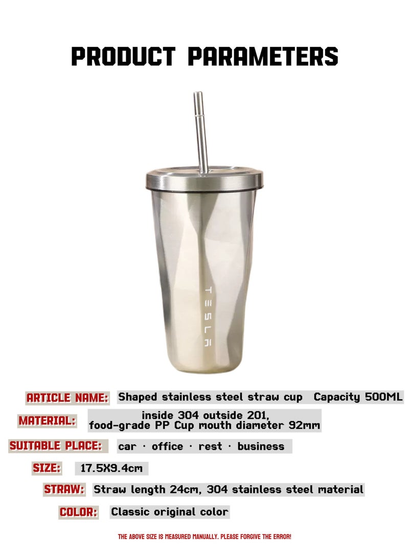 Tesla-Style 500ml Stainless Steel Straw Tumbler with 304 Inner Lining | Car Cup, Outdoor & Business Use | Trendy Straight-Sided Cup | Holiday Gift - Image 4