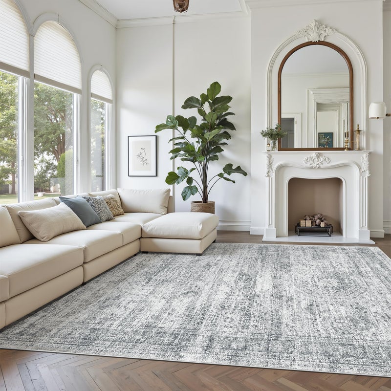 Soalmost Washable Area Rug 8x10, Large Soft Rugs for Living Room Farmhouse Vintage Gray Area Rugs for Bedroom Dining Room Non-Slip Stain Resistant Under Table Rug Grey - Image 2