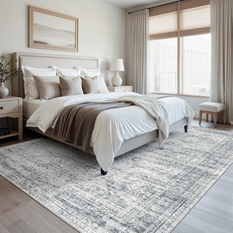 Soalmost Washable Area Rug 8x10, Large Soft Rugs for Living Room Farmhouse Vintage Gray Area Rugs for Bedroom Dining Room Non-Slip Stain Resistant Under Table Rug Grey - Image 5