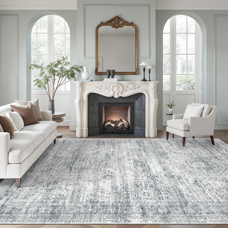 Soalmost Washable Area Rug 8x10, Large Soft Rugs for Living Room Farmhouse Vintage Gray Area Rugs for Bedroom Dining Room Non-Slip Stain Resistant Under Table Rug Grey - Image 1