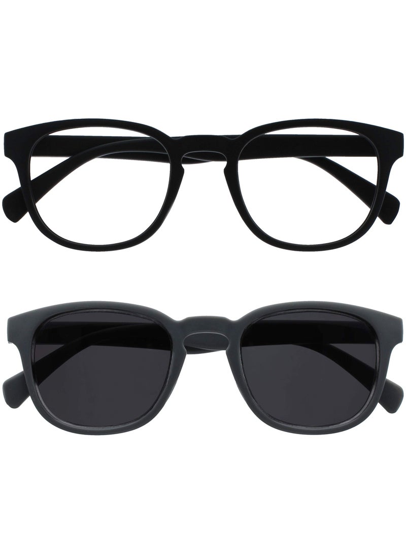 OPULIZE POP Reading Glasses and Reading Sunglasses for Women Men,Retro Round, Smooth Matt Black, Grey Sun +1.00 (Pack of 2) - Image 1