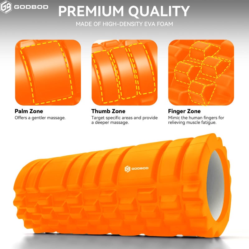 GODBOD Strong Foam Roller - Deep Tissue Medium Density Muscle Massager with Myofascial Trigger Point Release, Back Massage Roller for Soreness and Mobility 13 x 5.5 Inch - Orange - Image 4