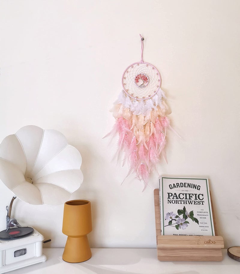 Dksuwe Dream Catchers, Pink Dream Catcher Tree of Life Wall Decor, with Natural Healing Crystal Stone, Perfect Pink Crystal Handmade Dreamlike Dream Catchers for Girls Bedroom Decor Art Craft Gift - Image 3