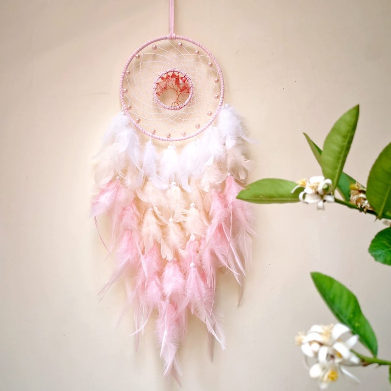 Dksuwe Dream Catchers, Pink Dream Catcher Tree of Life Wall Decor, with Natural Healing Crystal Stone, Perfect Pink Crystal Handmade Dreamlike Dream Catchers for Girls Bedroom Decor Art Craft Gift - Image 5