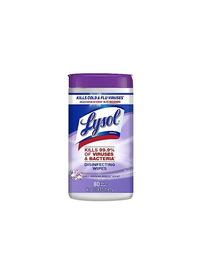 Lysol مناديل مطهرة من لايسول، مناديل تنظيف مضادة للبكتيريا متعددة الأسطح، للتعقيم والتنظيف، نسيم الصباح الباكر، 80 قطعة (عبوة واحدة) - Image 1