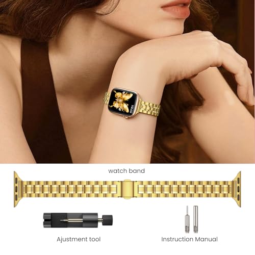 STIROLL Thin Replacement Band Compatible for Apple Watch 49mm 46mm 45mm 44mm 42mm(Series 3 2 1), Stainless Steel Metal Wristband Women Men for iWatch Ultra SE Series 11 10 9 8 7 6 5 4, Gold - Image 4