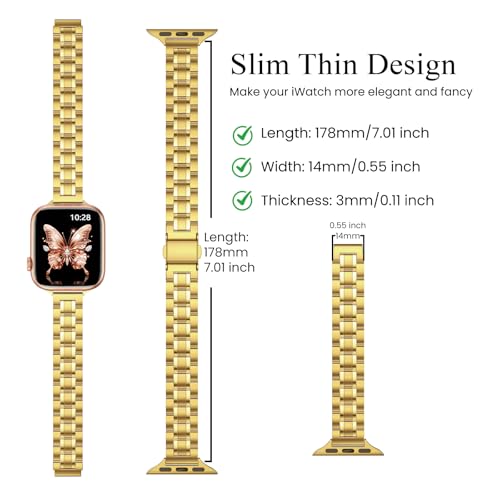 STIROLL Thin Replacement Band Compatible for Apple Watch 49mm 46mm 45mm 44mm 42mm(Series 3 2 1), Stainless Steel Metal Wristband Women Men for iWatch Ultra SE Series 11 10 9 8 7 6 5 4, Gold - Image 3