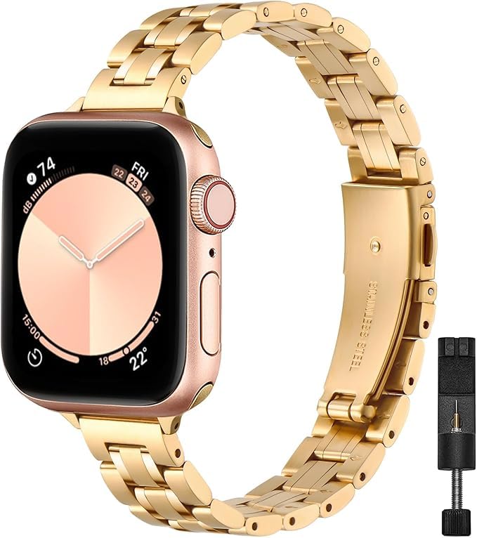 STIROLL Thin Replacement Band Compatible for Apple Watch 49mm 46mm 45mm 44mm 42mm(Series 3 2 1), Stainless Steel Metal Wristband Women Men for iWatch Ultra SE Series 11 10 9 8 7 6 5 4, Gold - Image 1
