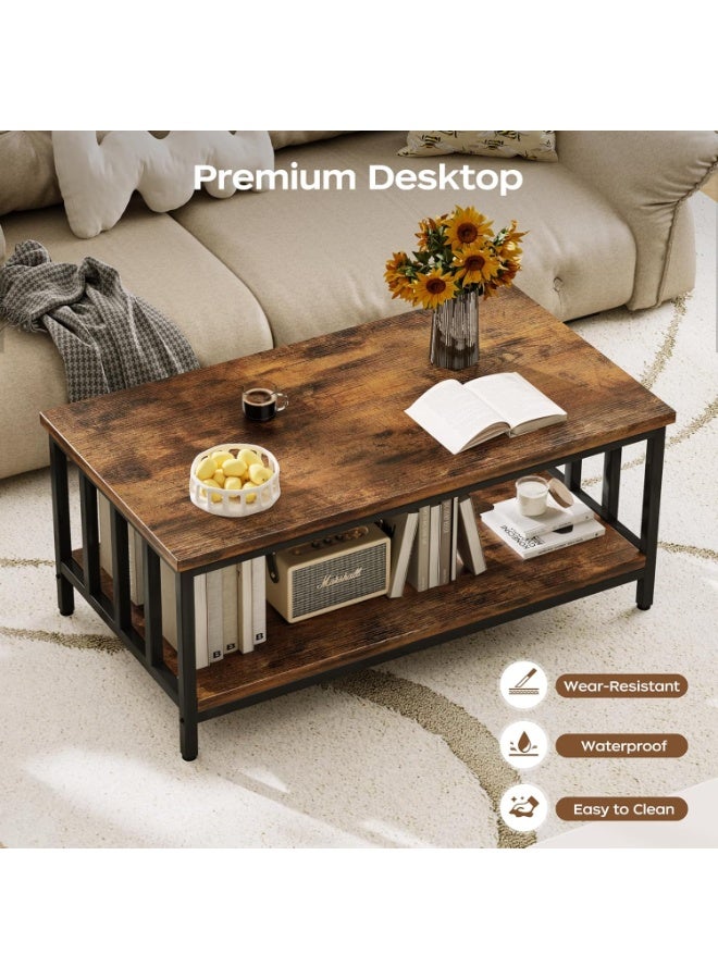 طاولة قهوة مزرعة 39 بوصة، أسود وبني ريفي، رفوف مزدوجة بظهر مشبك، إطار معدني مع سطح خشب صناعي، طاولة مستطيلة لغرفة المعيشة، المكتب المنزلي، الشقق، طاولة ديكور ريفية متينة - Image 5