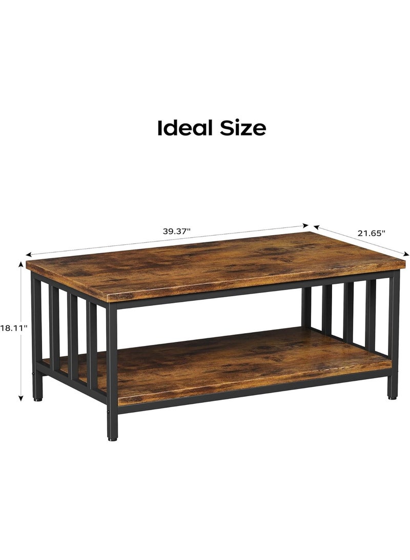 طاولة قهوة مزرعة 39 بوصة، أسود وبني ريفي، رفوف مزدوجة بظهر مشبك، إطار معدني مع سطح خشب صناعي، طاولة مستطيلة لغرفة المعيشة، المكتب المنزلي، الشقق، طاولة ديكور ريفية متينة - Image 2