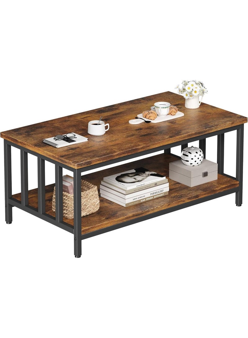 طاولة قهوة مزرعة 39 بوصة، أسود وبني ريفي، رفوف مزدوجة بظهر مشبك، إطار معدني مع سطح خشب صناعي، طاولة مستطيلة لغرفة المعيشة، المكتب المنزلي، الشقق، طاولة ديكور ريفية متينة - Image 1