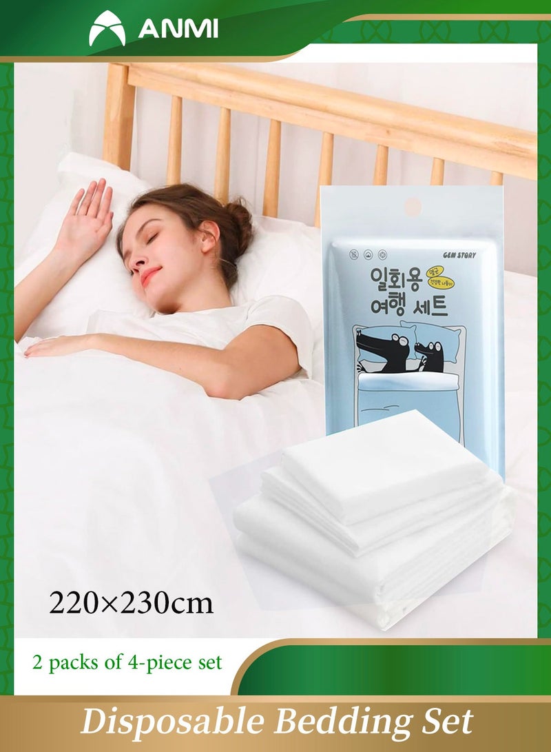 Anmi 2 Packs Disposable Bed Sheets  (King Size 90×86 Inch) - Portable Travel Bedding  Set with 2 Bed Sheet 2 Quilt Cover and 4 Pillowcase | Hygienic Hotel Essentials for Business Trips, Hajj/ Umrah  - White - Image 1