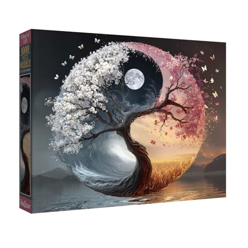 IdeaBazar Ying Yang Tree Puzzles for Adults 1000 Pieces Nature Beautiful Spring Butterfly Flower Sunset Art Jigsaw Puzzles Pretty Winter Moon Mountain Fantasy Puzzle - Image 1