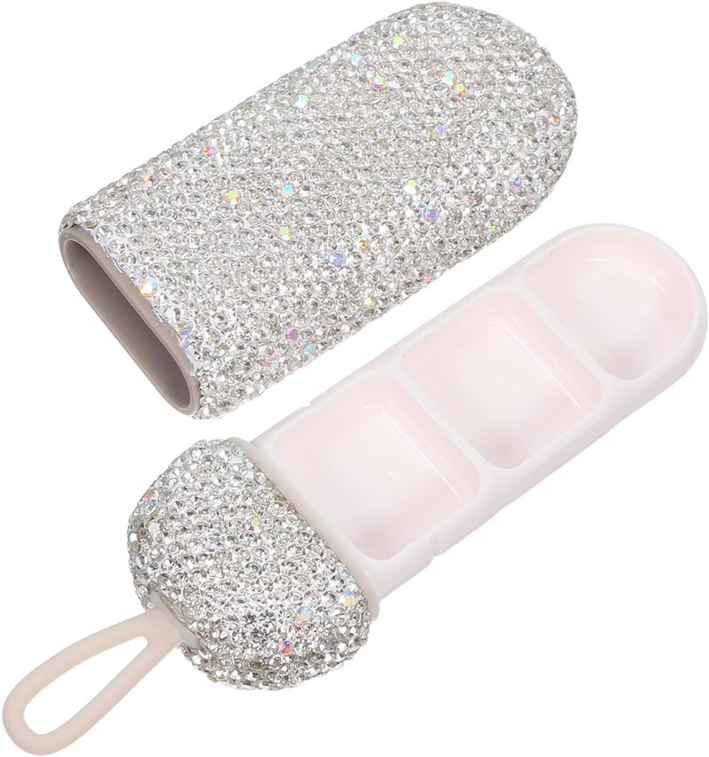 Portable Bling Pill Organizer with 3 Compartments, Waterproof Mini Travel Medicine Case, White Rhinestone Small Plastic Pill Box for Pocket and Outdoor Use - Image 1