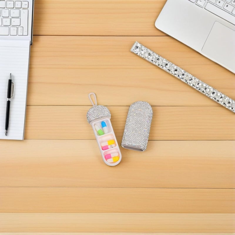Portable Bling Pill Organizer with 3 Compartments, Waterproof Mini Travel Medicine Case, White Rhinestone Small Plastic Pill Box for Pocket and Outdoor Use - Image 5