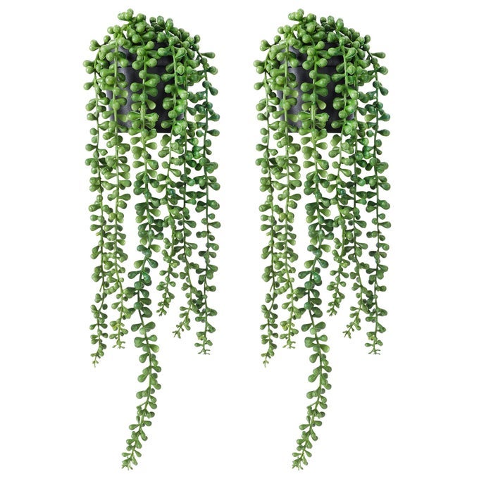 2pcs Fake Plants Indoor Artificial String of Pearls Plant in Black Pots Realistic Green Fake Hanging Plants for Shelf Decor Desk Home Garden Decorations