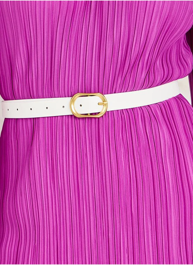 Styli Plisse V Neck Belted Longline Knit Top
