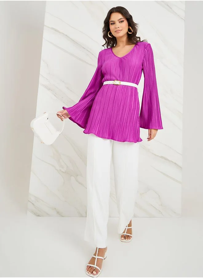 Styli Plisse V Neck Belted Longline Knit Top