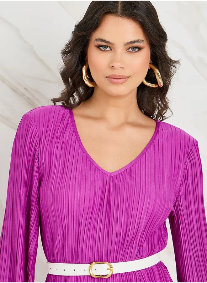 Styli Plisse V Neck Belted Longline Knit Top