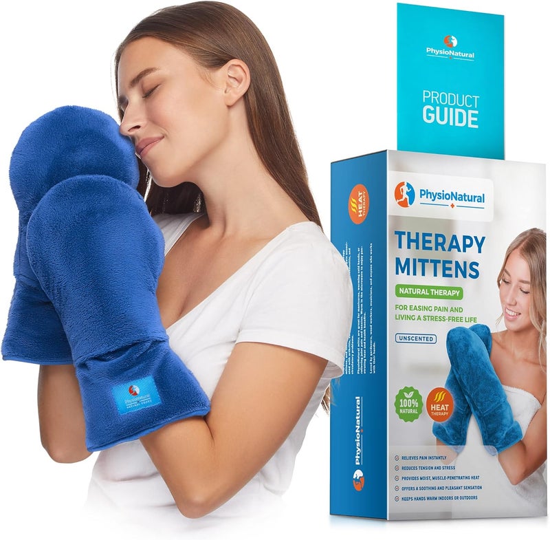 PhysioNatural Microwavable Therapy Mittens with Flaxseed – Moist Heat Therapy Relief for Hands and Fingers in Cases of Stiff Joints, Trigger Finger, Inflammation, Raynaud's, Carpal Tunnel – Natural Unscented Gloves - Image 1