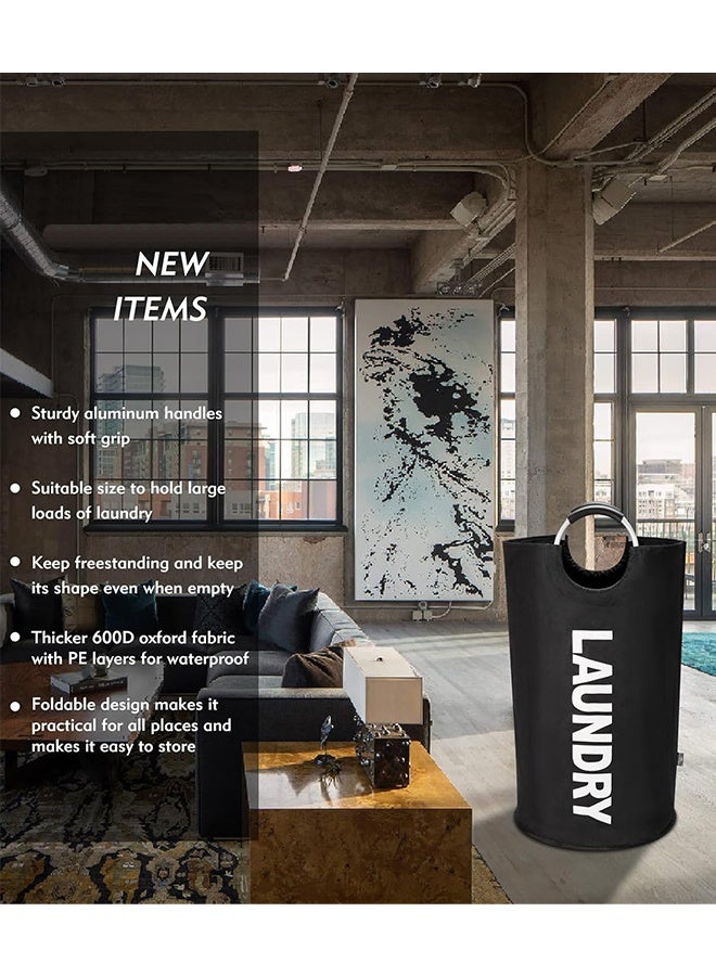 90L Large Laundry Basket, Collapsible Laundry Bag, Freestanding Tall Clothes Hamper, Foldable Washing Bin (Black) - Image 2