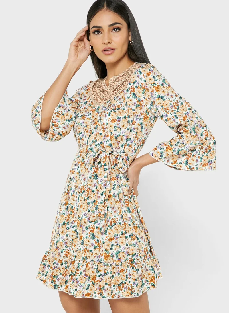 ELLA Lace Trim Neckline Cuff Sleeve
 Printed Dress