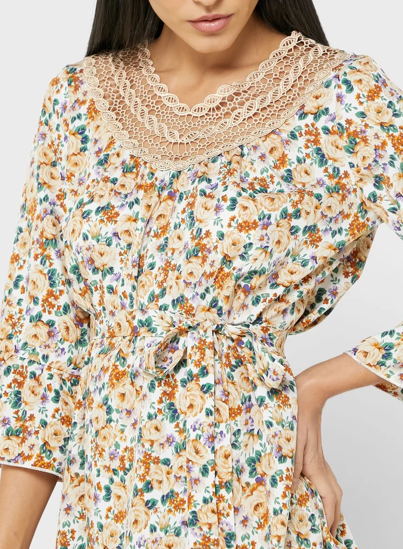 ELLA Lace Trim Neckline Cuff Sleeve
 Printed Dress