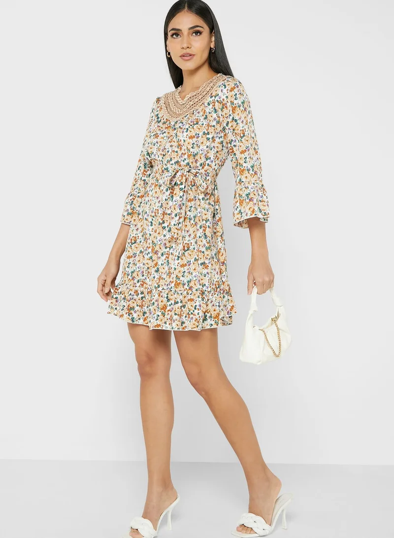ELLA Lace Trim Neckline Cuff Sleeve
 Printed Dress