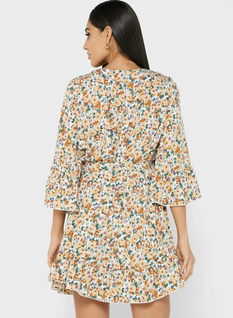 ELLA Lace Trim Neckline Cuff Sleeve
 Printed Dress