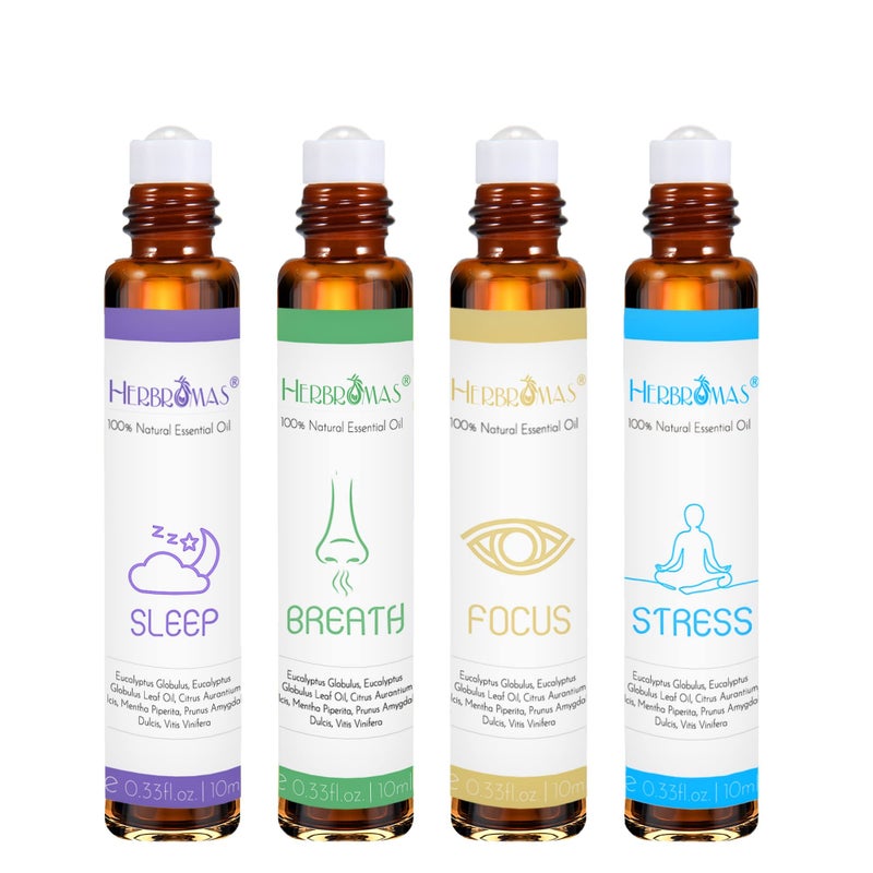 HERBROMAS Aromatherapy Oils Roller Set, Natural Pre-diluted Essential Oils Roll On with Glass Rollerball, Relaxation Gift for Women & Men, Christmas Gift, Pack 4 x 0.33fl.oz - Image 1