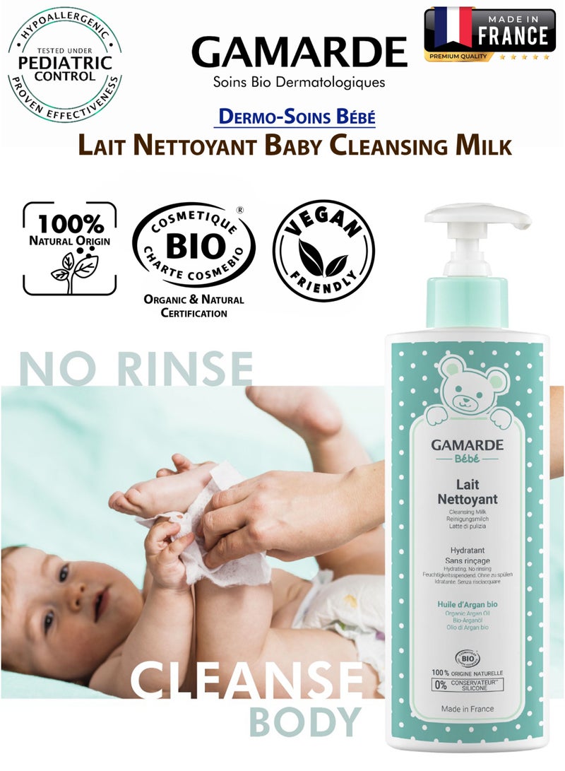 gamarde Baby Cleansing Milk 400ml Certified Organic, No-Rinse Moisturizing Milk for Baby’s Face, Body & Seat Care Hypoallergenic, Gentle, Soap-Free, Aloe Vera, Argan Oil, Thermal Spring Water Made in France - Image 1