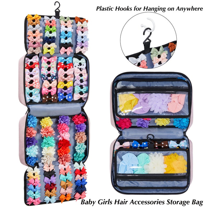 HUHYNN Hair Accessories Organizer for Girls, Hair Accessories Storage Bag, Hair Bow Storage Organaizer for Girls with Multi-Compartments, Baby Hair Accessories Organizer for Travel (Pink) - Image 2